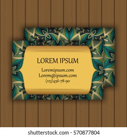 Vector vintage visiting or business card set. Floral mandala pattern and ornaments. Oriental design Layout. Islam, Arabic, Indian, ottoman motifs. Front page and back page.