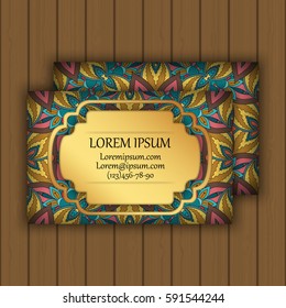 Vector vintage visiting or business card set. Floral mandala pattern and ornaments. Oriental design Layout. Islam, Arabic, Indian, ottoman motifs. Front page and back page.