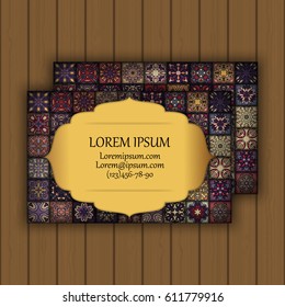 Vector vintage visiting or business card set. Floral mandala pattern and ornaments. Oriental design Layout. Islam, Arabic, Indian, ottoman motifs. Front page and back page.
