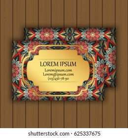 Vector vintage visiting or business card set. Floral mandala pattern and ornaments. Oriental design Layout. Islam, Arabic, Indian, ottoman motifs. Front page and back page.