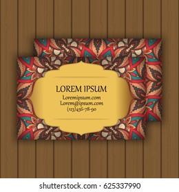 Vector vintage visiting or business card set. Floral mandala pattern and ornaments. Oriental design Layout. Islam, Arabic, Indian, ottoman motifs. Front page and back page.