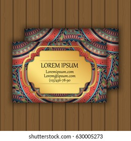 Vector vintage visiting or business card set. Floral mandala pattern and ornaments. Oriental design Layout. Islam, Arabic, Indian, ottoman motifs. Front page and back page.