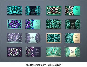 Vector vintage visiting card big set. Floral mandala pattern and ornaments. Oriental design Layout. Islam, Arabic, Indian, ottoman motifs. Front page and back page.