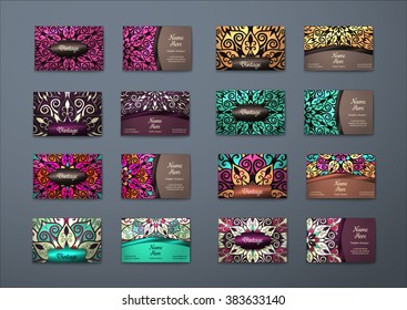 Vector vintage visiting card big set. Floral mandala pattern and ornaments. Oriental design Layout. Islam, Arabic, Indian, ottoman motifs. Front page and back page.