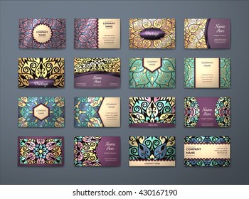 Vector vintage visiting card big set. Floral mandala pattern and ornaments. Oriental design Layout. Islam, Arabic, Indian, ottoman motifs. Front page and back page.