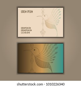 Vector vintage visiting card set. Glowing shiny geometric bird. Luxury design