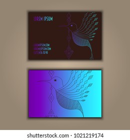 Vector vintage visiting card set. Glowing shiny geometric bird. Luxury design