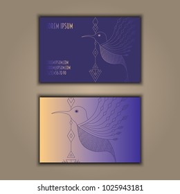 Vector vintage visiting card set. Glowing shiny geometric bird. Luxury design