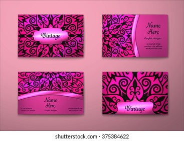 Vector vintage visiting card set. Floral mandala pattern and ornaments. Oriental design Layout. Islam, Arabic, Indian, ottoman motifs. Front page and back page.