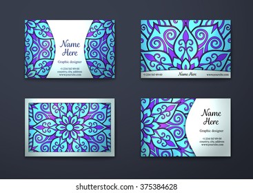 Vector vintage visiting card set. Floral mandala pattern and ornaments. Oriental design Layout. Islam, Arabic, Indian, ottoman motifs. Front page and back page.