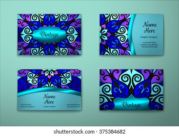 Vector vintage visiting card set. Floral mandala pattern and ornaments. Oriental design Layout. Islam, Arabic, Indian, ottoman motifs. Front page and back page.