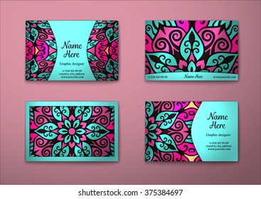 Vector vintage visiting card set. Floral mandala pattern and ornaments. Oriental design Layout. Islam, Arabic, Indian, ottoman motifs. Front page and back page.