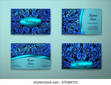 Vector vintage visiting card set. Floral mandala pattern and ornaments. Oriental design Layout. Islam, Arabic, Indian, ottoman motifs. Front page and back page.