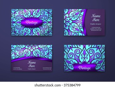 Vector vintage visiting card set. Floral mandala pattern and ornaments. Oriental design Layout. Islam, Arabic, Indian, ottoman motifs. Front page and back page.