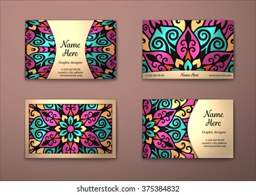 Vector vintage visiting card set. Floral mandala pattern and ornaments. Oriental design Layout. Islam, Arabic, Indian, ottoman motifs. Front page and back page.