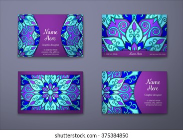 Vector vintage visiting card set. Floral mandala pattern and ornaments. Oriental design Layout. Islam, Arabic, Indian, ottoman motifs. Front page and back page.