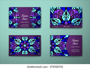 Vector vintage visiting card set. Floral mandala pattern and ornaments. Oriental design Layout. Islam, Arabic, Indian, ottoman motifs. Front page and back page.
