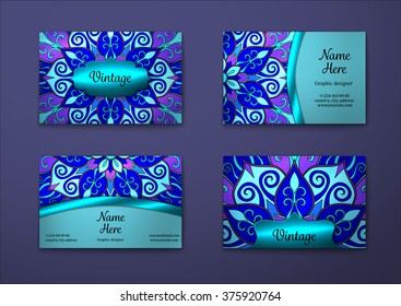 Vector vintage visiting card set. Floral mandala pattern and ornaments. Oriental design Layout. Islam, Arabic, Indian, ottoman motifs. Front page and back page.