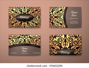 Vector vintage visiting card set. Floral mandala pattern and ornaments. Oriental design Layout. Islam, Arabic, Indian, ottoman motifs. Front page and back page.