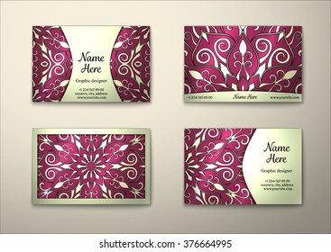 Vector vintage visiting card set. Floral mandala pattern and ornaments. Oriental design Layout. Islam, Arabic, Indian, ottoman motifs. Front page and back page.