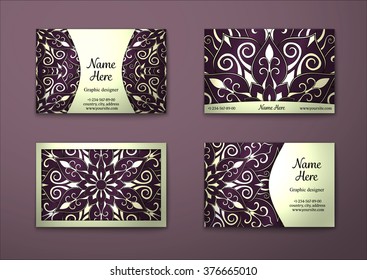 Vector vintage visiting card set. Floral mandala pattern and ornaments. Oriental design Layout. Islam, Arabic, Indian, ottoman motifs. Front page and back page.
