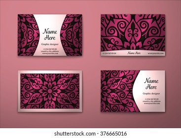 Vector vintage visiting card set. Floral mandala pattern and ornaments. Oriental design Layout. Islam, Arabic, Indian, ottoman motifs. Front page and back page.