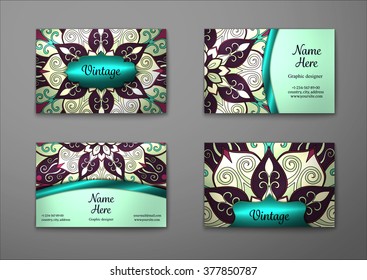Vector vintage visiting card set. Floral mandala pattern and ornaments. Oriental design Layout. Islam, Arabic, Indian, ottoman motifs. Front page and back page.