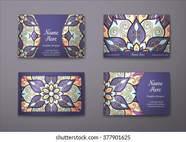 Vector vintage visiting card set. Floral mandala pattern and ornaments. Oriental design Layout. Islam, Arabic, Indian, ottoman motifs. Front page and back page.