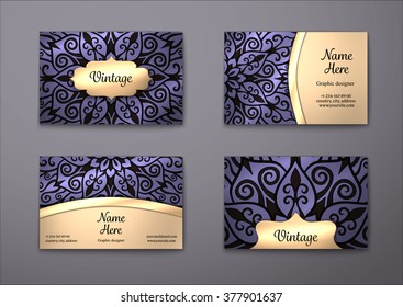 Vector vintage visiting card set. Floral mandala pattern and ornaments. Oriental design Layout. Islam, Arabic, Indian, ottoman motifs. Front page and back page.