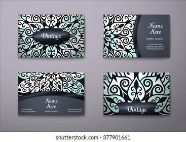 Vector vintage visiting card set. Floral mandala pattern and ornaments. Oriental design Layout. Islam, Arabic, Indian, ottoman motifs. Front page and back page.
