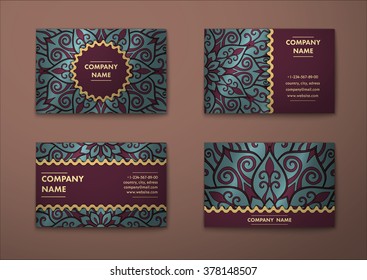 Vector vintage visiting card set. Floral mandala pattern and ornaments. Oriental design Layout. Islam, Arabic, Indian, ottoman motifs. Front page and back page.