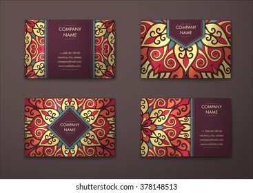 Vector vintage visiting card set. Floral mandala pattern and ornaments. Oriental design Layout. Islam, Arabic, Indian, ottoman motifs. Front page and back page.