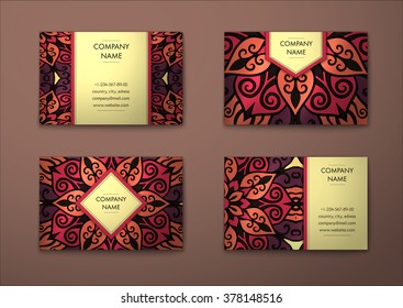 Vector vintage visiting card set. Floral mandala pattern and ornaments. Oriental design Layout. Islam, Arabic, Indian, ottoman motifs. Front page and back page.