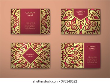 Vector vintage visiting card set. Floral mandala pattern and ornaments. Oriental design Layout. Islam, Arabic, Indian, ottoman motifs. Front page and back page.