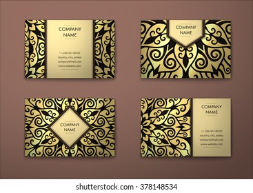 Vector vintage visiting card set. Floral mandala pattern and ornaments. Oriental design Layout. Islam, Arabic, Indian, ottoman motifs. Front page and back page.