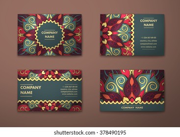 Vector vintage visiting card set. Floral mandala pattern and ornaments. Oriental design Layout. Islam, Arabic, Indian, ottoman motifs. Front page and back page.