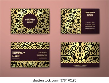 Vector vintage visiting card set. Floral mandala pattern and ornaments. Oriental design Layout. Islam, Arabic, Indian, ottoman motifs. Front page and back page.