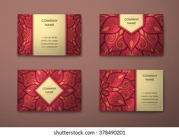 Vector vintage visiting card set. Floral mandala pattern and ornaments. Oriental design Layout. Islam, Arabic, Indian, ottoman motifs. Front page and back page.