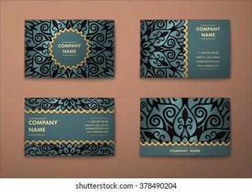 Vector vintage visiting card set. Floral mandala pattern and ornaments. Oriental design Layout. Islam, Arabic, Indian, ottoman motifs. Front page and back page.