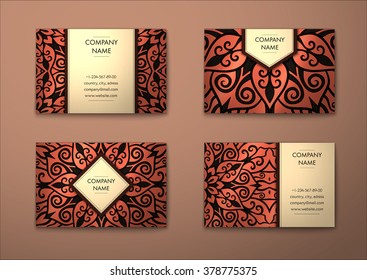 Vector vintage visiting card set. Floral mandala pattern and ornaments. Oriental design Layout. Islam, Arabic, Indian, ottoman motifs. Front page and back page.