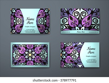 Vector vintage visiting card set. Floral mandala pattern and ornaments. Oriental design Layout. Islam, Arabic, Indian, ottoman motifs. Front page and back page.