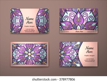 Vector vintage visiting card set. Floral mandala pattern and ornaments. Oriental design Layout. Islam, Arabic, Indian, ottoman motifs. Front page and back page.