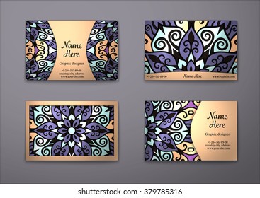 Vector vintage visiting card set. Floral mandala pattern and ornaments. Oriental design Layout. Islam, Arabic, Indian, ottoman motifs. Front page and back page.