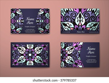 Vector vintage visiting card set. Floral mandala pattern and ornaments. Oriental design Layout. Islam, Arabic, Indian, ottoman motifs. Front page and back page.