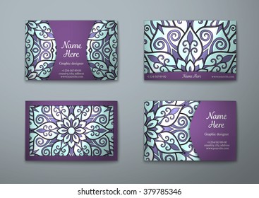 Vector vintage visiting card set. Floral mandala pattern and ornaments. Oriental design Layout. Islam, Arabic, Indian, ottoman motifs. Front page and back page.