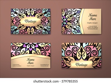 Vector vintage visiting card set. Floral mandala pattern and ornaments. Oriental design Layout. Islam, Arabic, Indian, ottoman motifs. Front page and back page.