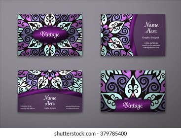 Vector vintage visiting card set. Floral mandala pattern and ornaments. Oriental design Layout. Islam, Arabic, Indian, ottoman motifs. Front page and back page.