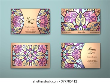 Vector vintage visiting card set. Floral mandala pattern and ornaments. Oriental design Layout. Islam, Arabic, Indian, ottoman motifs. Front page and back page.