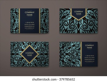 Vector vintage visiting card set. Floral mandala pattern and ornaments. Oriental design Layout. Islam, Arabic, Indian, ottoman motifs. Front page and back page.