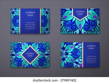 Vector vintage visiting card set. Floral mandala pattern and ornaments. Oriental design Layout. Islam, Arabic, Indian, ottoman motifs. Front page and back page.